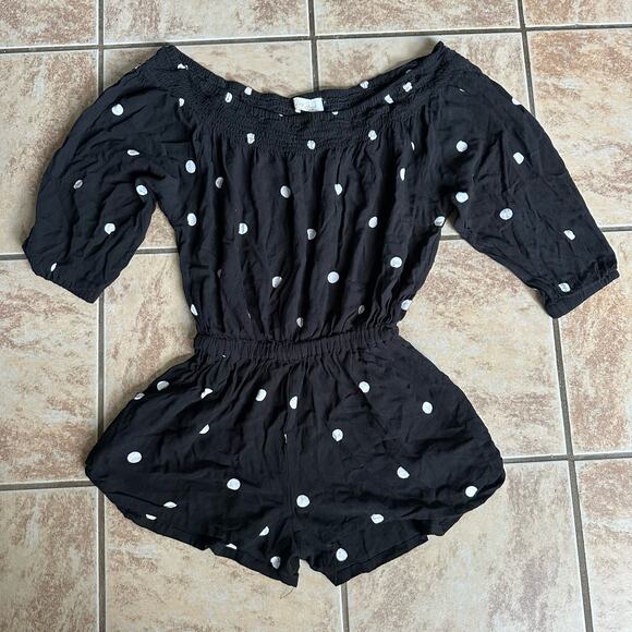 Ava Sky Black Polka Dot Off The Shoulder Romper One Piece Shorts Set Size Small - Picture 11 of 12